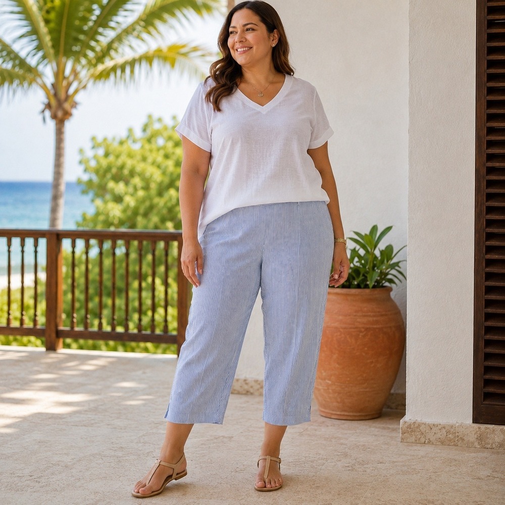 J.Jill Womens XL Blue White Striped Linen Blend Stretch Cropped Pants Tulip Hem